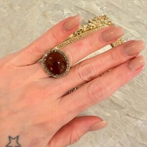 Sterling Silver Ring with Carnelian Cabochon and Marcasite Accents – Size 9.5
